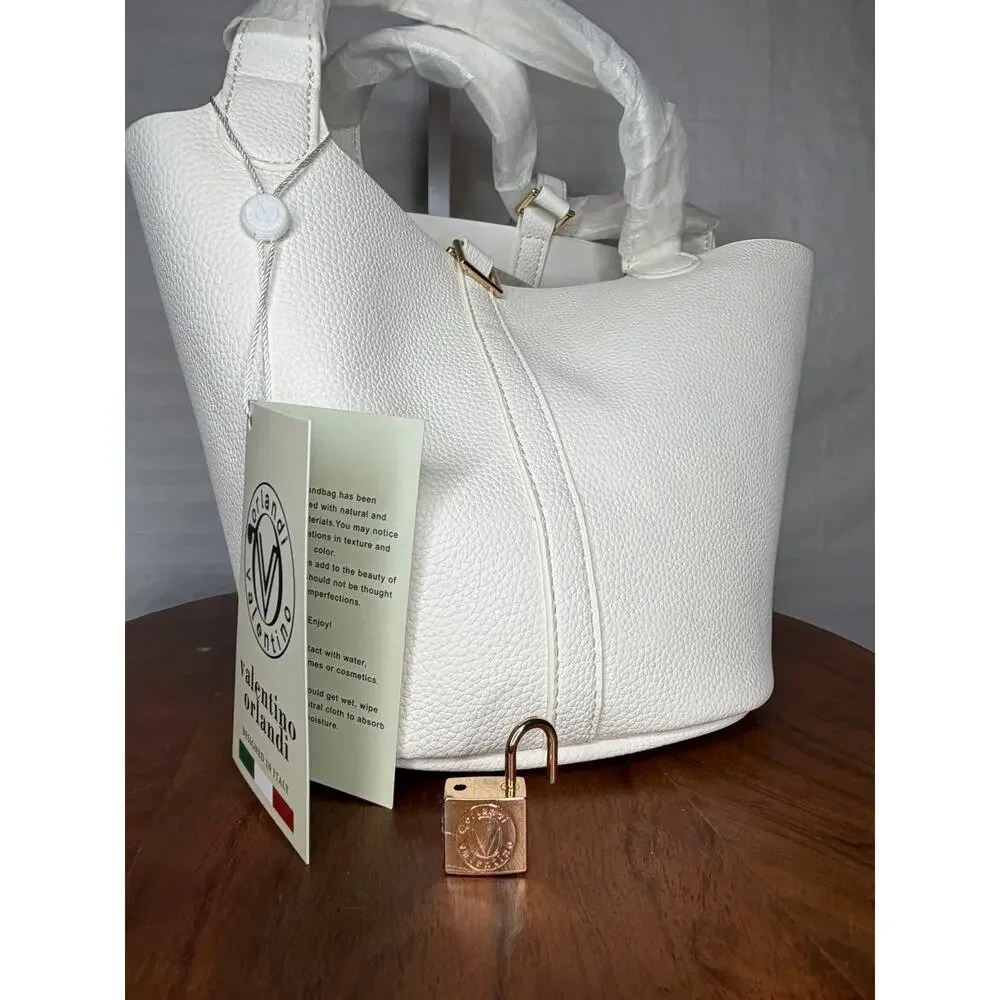 Valentino Orlandi Milano NWT White Pebbled Faux Leather Tote Handbag w/ Pouch
